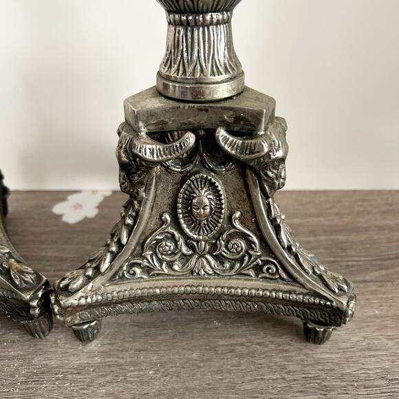 VINTAGE Silver Tone Metal Ornate Idol Ritual Candle Stick Pair 18" Tall INDIA - Picture 5 of 11
